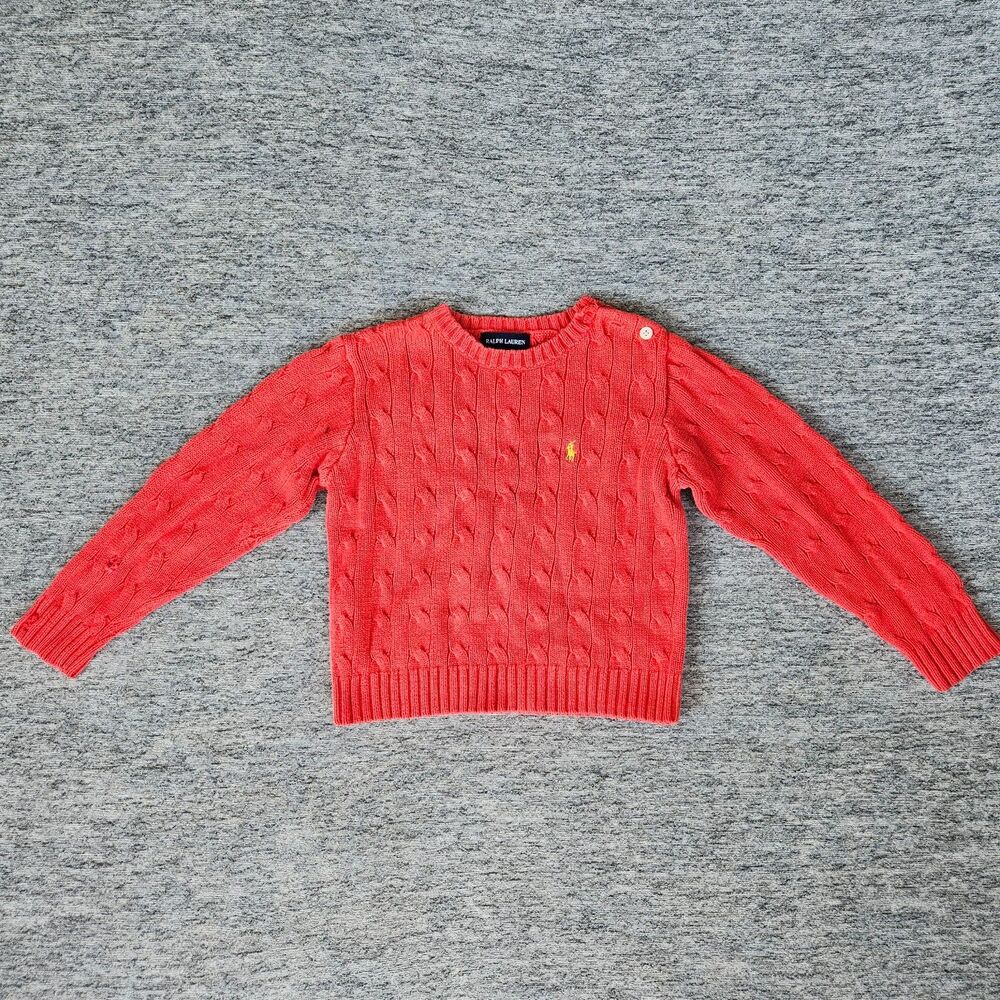 Vintage Ralph Lauren Girls 4 Red Cable Knit Sweater Yellow Horse Pullover